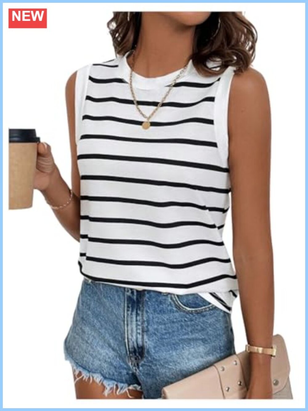 Striped Sleeveless Crew Neck Tank Top Soft Stretch Viscose Blend